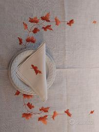 Tovaglia ovale vintage lino ricamo foglie foliage