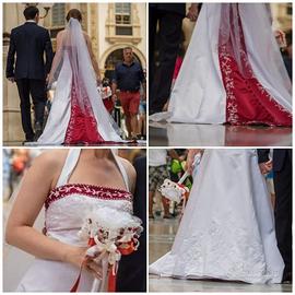 Abito da sposa bianco-rosso con strascico ❤️