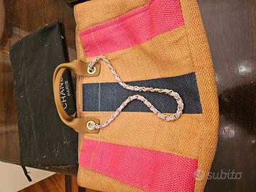 Shopper maxi beige/fucsia/blu in fibra intrecciata