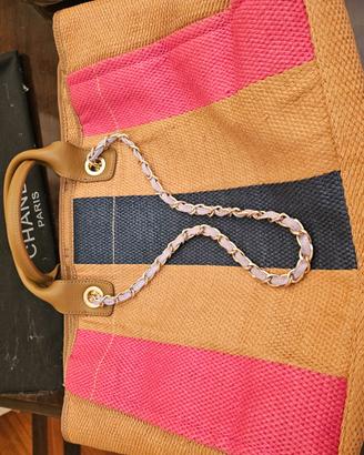Shopper maxi beige/fucsia/blu in fibra intrecciata