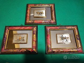 Tris quadrucci in argento e foglia d'oro