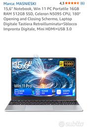 Pc Portatile 15,6'' NUOVO 16gb RAM 512gb ssd