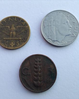 Monete 5 e 20 c. Vittorio Emanuele III 1934 1940 1