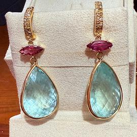 Orecchini con Acquamarina, Diamanti e Rubellite -