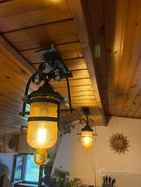 3 lampade in vetro e ferro battuto
