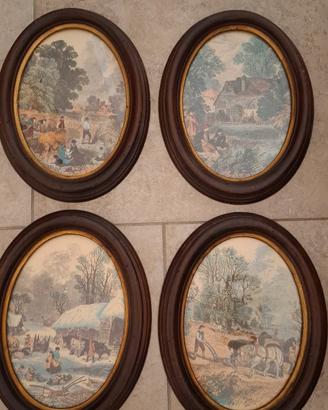 Set 4 Quadretti Ovali Vintage con Cornice in Legno