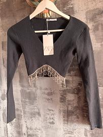 Crop top ZARA grigio con frange di strass