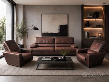 Divano con 2 poltrone   in  Pelle Marrone