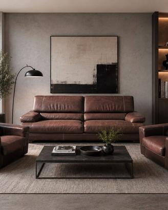 Divano con 2 poltrone   in  Pelle Marrone