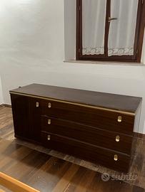 Comò + 2 comodini stile vintage noce scuro ottone