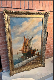 MAESTOSOdipintoOLIOsuTELA"ScenaMarittimaVENEZIANA"