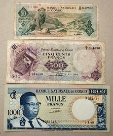 Lotto n. 3 banconote Congo anni 60 Rarità 