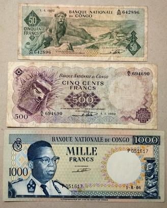 Lotto n. 3 banconote Congo anni 60 Rarità 