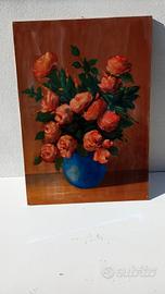 Dipinto olio su tela natura morta vaso fiori rose