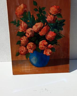 Dipinto olio su tela natura morta vaso fiori rose