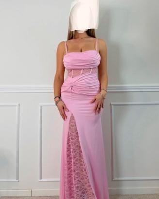 Abito lungo rosa spacco pizzo