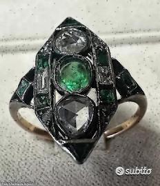 Anello anni 30 oro argento diamanti e smeraldi