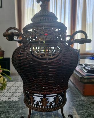 Cestino vintage camino vimini metallo ornato