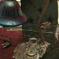 calamaio scrivania in ottone  con lampada blu