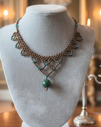 Collana Vintage Artigianale Agata verde Bronzo 