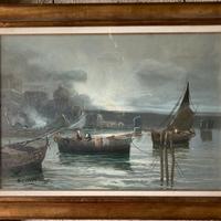 Dipinto a olio “Barche” di A. Bonetti + cornice