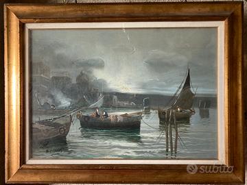 Dipinto a olio “Barche” di A. Bonetti + cornice