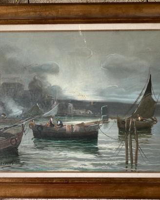 Dipinto a olio “Barche” di A. Bonetti + cornice