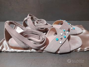 Sandali di pelle n° 39, beige "scamosciato", bassi