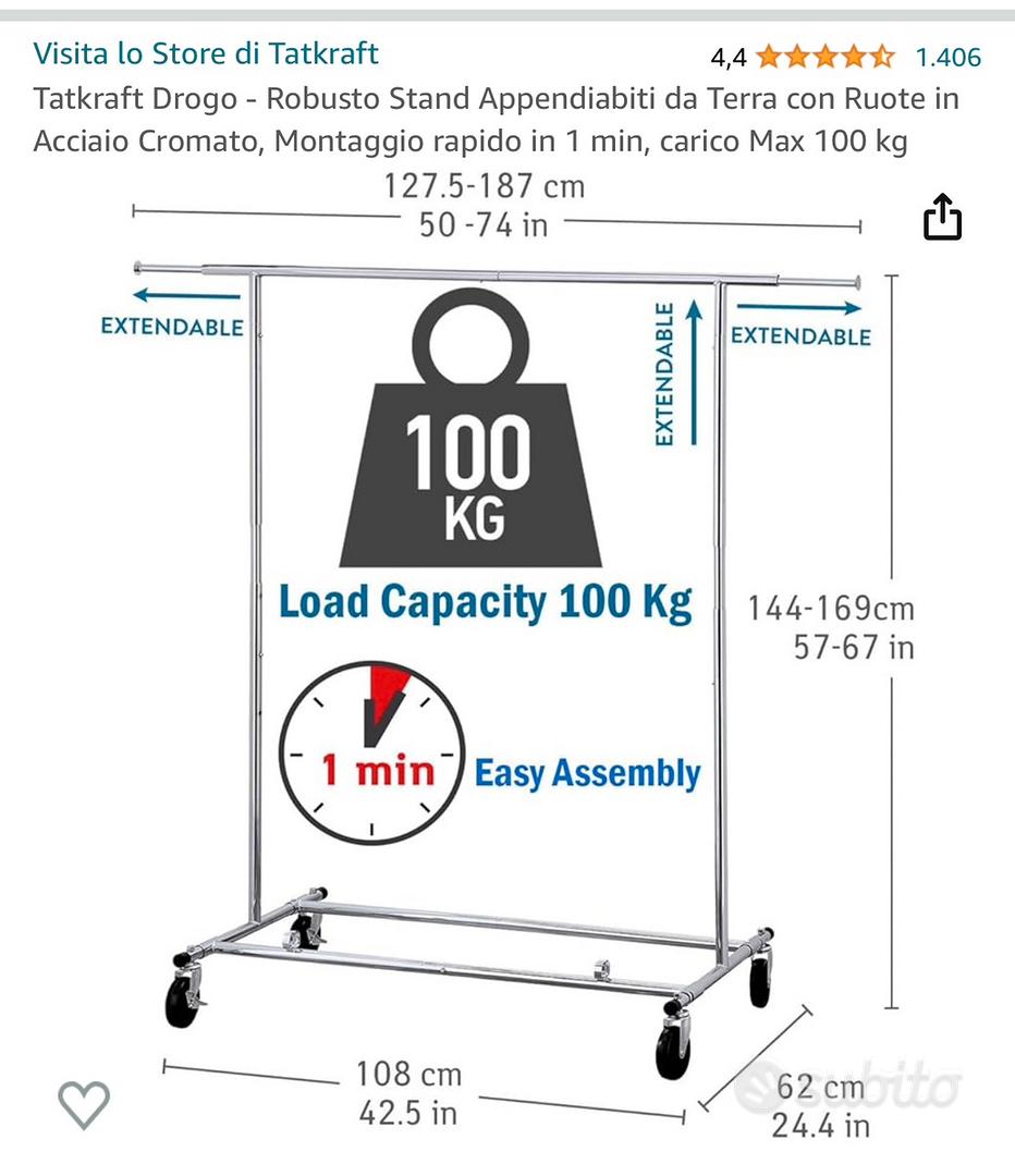 Tatkraft Drogo - Robusto Stand Appendiabiti da Terra con Ruote in Acciaio  Cromato, Montaggio rapido in 1 min, carico Max 100 kg