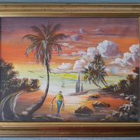 Quadro Caraibi Naif Pescatore al Tramonto 38x48cm