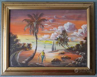 Quadro Caraibi Naif Pescatore al Tramonto 38x48cm