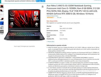 Acer Nitro 5, RTX3060, 16Gb RAM, 500+240 SSD, i5