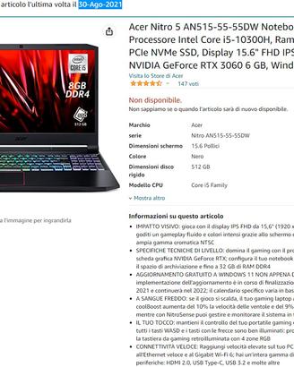 Acer Nitro 5, RTX3060, 16Gb RAM, 500+240 SSD, i5
