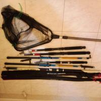 8 canne da pesca+retino+stivali nuovi 