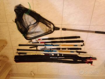 8 canne da pesca+retino+stivali nuovi 