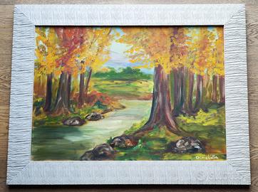 Dipinto Quadro olio su tela Autunno nel Bosco