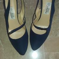 Sandali in tessuto blu' e cuoio