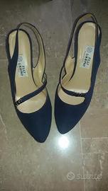 Sandali in tessuto blu' e cuoio