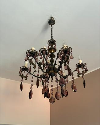 Lampadario vintage 8 luci con pendenti viola