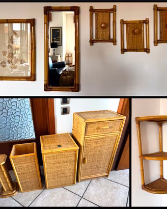 Set Mobili Vintage Bambù e Rattan Anni 70 (10 pz)