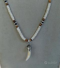 Collana  surfista di conchiglie e ciondolo zanna 
