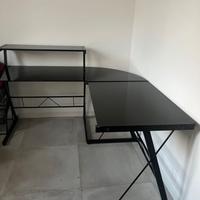 Scrivania Angolare Moderna in Vetro Nero e Metallo