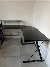 Scrivania Angolare Moderna in Vetro Nero e Metallo