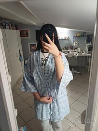 camicia kimono a quadretti bianco/azzurro