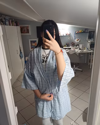 camicia kimono a quadretti bianco/azzurro
