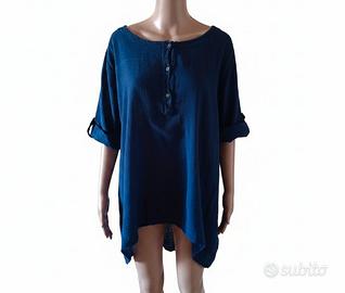 camicia blu 100% cotone con maniche regolabili 