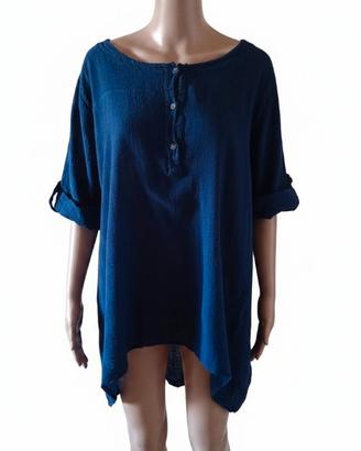 camicia blu 100% cotone con maniche regolabili 