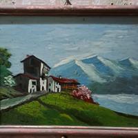 quadro Vintage, pittura su vetro, Paesaggio, case 