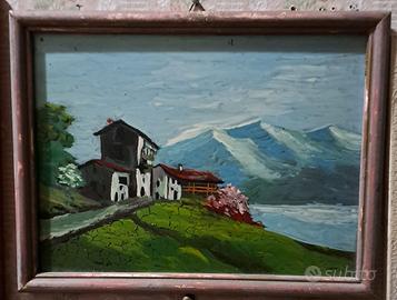 quadro Vintage, pittura su vetro, Paesaggio, case 