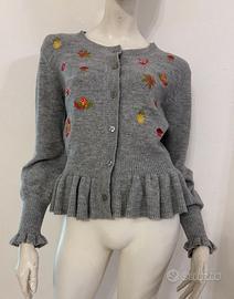 DERHY Maglione cardigan grigio ricami floreali